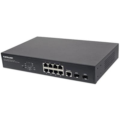Abbildung von Intellinet 8 Port Gigabit Ethernet PoE+ Web Managed Switch with 2 SFP Ports, IEEE 802.3ataf Power Over PoE+PoE Compliant, 140 561167, Schwarz
