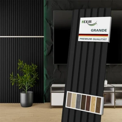 Abbildung von HEXIM Akustikpaneele Holz 140x30cm Grande 8er Set (3,355m²) Holzpaneele Wandpaneele 21mm Schalldämmung MDF Akustikfilz Wandverkleidung Schwarz Black Ash