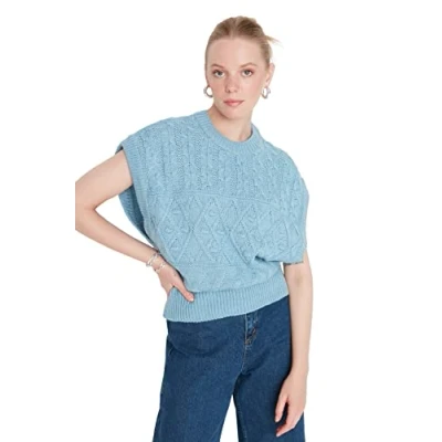 Abbildung von TRENDYOL Damen Crew Neck Cable Knit Regular Vest Sweater, Blau, S EU
