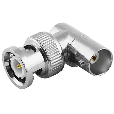Abbildung von BestPlug Coaxial BNC Adapter, Stecker männlich auf Buchse Kupplung weiblich 90 abgewinkelt, vergoldet, Metallausführung