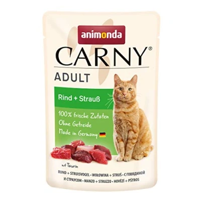 Abbildung von Carny Katzenfutter nass Pouch Rind + Strauß (12 x 85g), Katzen Nassfutter ohne Getreide und Zucker für ausgewachsene von animonda mit frischen fleischlichen Zutaten, praktische Portionsbeutel
