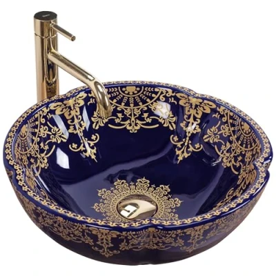 Abbildung von wohnwerk.idee Aufsatzwaschbecken Waschbecken Vintage Ornamente Blau Gold Marina