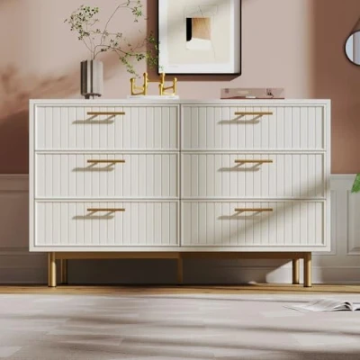Abbildung von Merax Kommode Sideboard mit 6 Schubladen, Weiß Modern Schubladenschrank, Mehrzweckschrank Kleiderschrank viel Stauraum, Metallbeinen, Goldener Griff, für Flur Schlafzimmer Wohnzimmer, 120x40x75cm