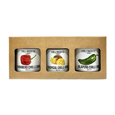 Abbildung von Chilli Mash Company Marmelade verpackt, 3 x 190 g Festive Chili Jam Medley, mild, mittel und scharf