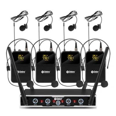 Abbildung von D Debra 4 * 16 Kanal UHF Mikrofon Kabellos Set mit Bodypack Transmitter/Headset Kopfbügel Funkmikrofon/Lavalier Ansteckmikrofonen,80m Reichweite Wireless Microphone für Gesang, Karaoke(4 Bodypack)