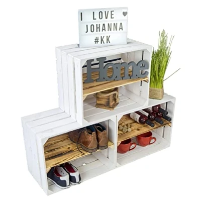 Abbildung von 3er set Neue weiße Obstkiste Johanna / Schuhregal Ablageregal Beistelltisch Schuhbox Weinkiste Apfelkiste Holzkiste Regalkiste Ablagekiste (3er weiß mit geflammter Einlage &quot;LÄNGS&quot;)