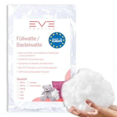 Abbildung von EVE Textile® Premium Füllwatte; 1kg Flauschiges Füllmaterial Kissenfüllung für Kissen, Stofftiere &amp; Basteln; Hochwertiges Stopfmaterial 100% Polyester; Waschbar bis 95C (Füllwatte, 1000 Gramm)