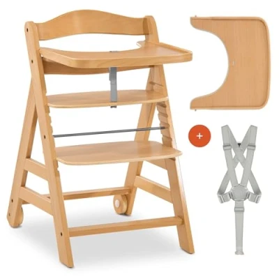 Abbildung von hauck Hochstuhl Alpha Plus Move mit Rollen, Gurt und Essbrett mitwachsender Kinderhochstuhl Natur