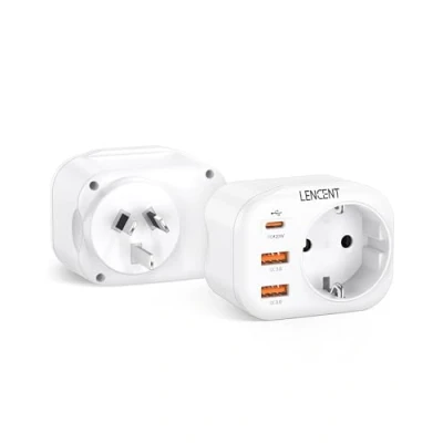 Abbildung von LENCENT 2X Reiseadapter AU CN Adapter Australien China Deutschland Stecker, mit 2 USB QC3,0 + 1 Typ C PD Anschlüße, I Reisestecker Stromadapter für Australia Neuseeland Argentinien Steckdose