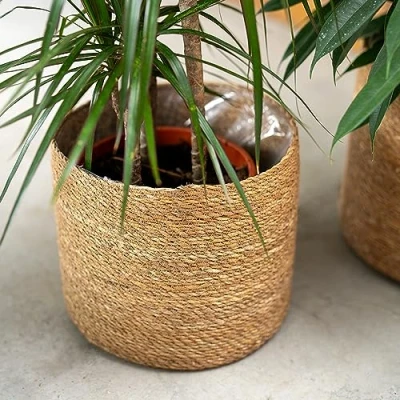 Abbildung von DARO DEKO Seegras Korb rund Natur Ø 38 x 35 mit Einsatz Blumentopf geflochten Aufbewahrungskorb Über Topf Blumenkorb