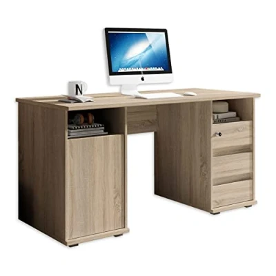 Abbildung von PRIMUS 2 Schreibtisch mit Schubladen, Sonoma Eiche Optik Bürotisch Computertisch fürs Homeoffice Stauraum und offenen Ablagefächern 145 x 74 65 cm (B/H/T)