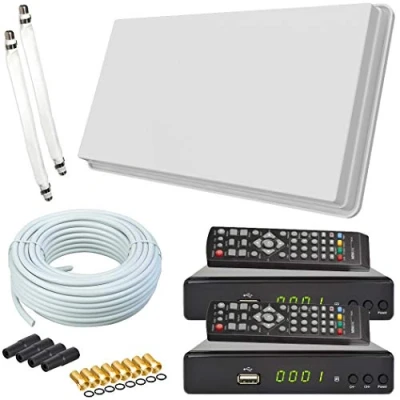 Abbildung von netshop 25 Selfsat H30D2+ Flachantenne Twin + 2 HD Receiver 20m Kabel Anschluss Set (2 Fensterdurchführung 8 F Stecker 4 Wetterschutztüllen) Sat Anlage für Teilnehmer