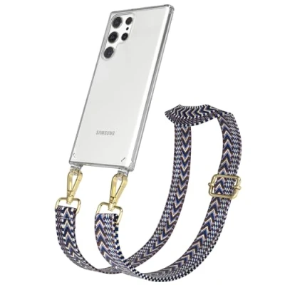 Abbildung von EAZY CASE Handykette Flexibler Trageriemen kompatibel mit Samsung Galaxy S22 Ultra, Schultergurt zum Umhängen, Taschenriemen, Band austauschen, Wechselgurt, Blau/Weiß Metall Gold