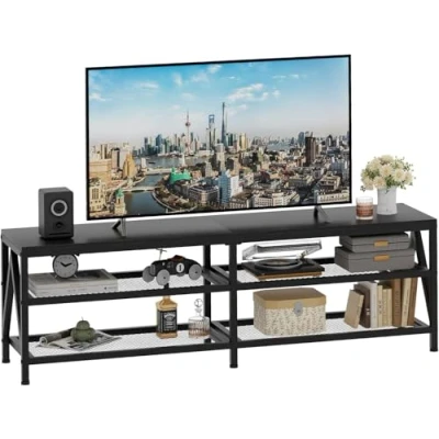 Abbildung von TV Schrank, Fernsehtisch, Lowboard für Fernseher bis zu 70 Zoll, Fernsehschrank mit 3 offenen Fächern, Regal Wohnzimmer Schlafzimmer, 160 x 40 50 cm, Industrie Design, Stahlgestell, Schwarz