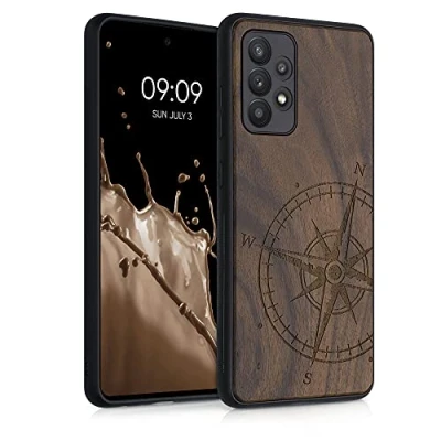Abbildung von kwmobile Hülle kompatibel mit Samsung Galaxy A52 / 5G A52s Holz Case Handy Cover TPU Handyhülle in Dunkelbraun Kompass Vintage