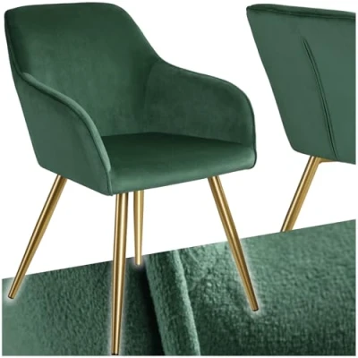 Abbildung von tectake® Esszimmerstuhl, Sessel bequem mit Armlehne, Polsterstuhl, Samtstoff Cocktailsessel, Loungesessel für Wohnzimmer, Esszimmer, Moderne Küchenstühle, Bürostuhl dunkelgrün/Gold
