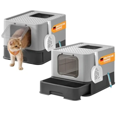 Abbildung von Feandrea Katzenklo 2er Set, Katzentoilette, mit Deckel, ausziehbares Tablett, geräumig für Katzen bis 15 kg, weniger Spuren, auslaufsicherer Boden, anthrazitgrau Taubengrau PPT001B10
