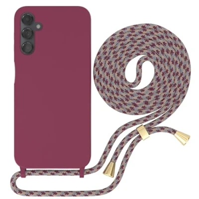 Abbildung von EAZY CASE Necklace Silicon kompatibel mit Samsung Galaxy A14 5G Slim Microfiber, Phone Case, Abnehmbare Handykordelabnehmbar Beere Schulterriemen in Rot Camouflage Clips Gold