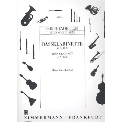 Abbildung von Grifftabelle für Bassklarinette in A, B, C: (deutsches System). Bass Klarinette C.