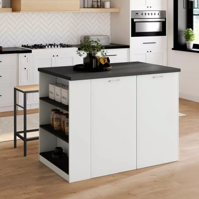 Abbildung von IDMarket Zentralinsel TIBO 120 cm Holz weiß mit Arbeitsplatte grau anthrazit
