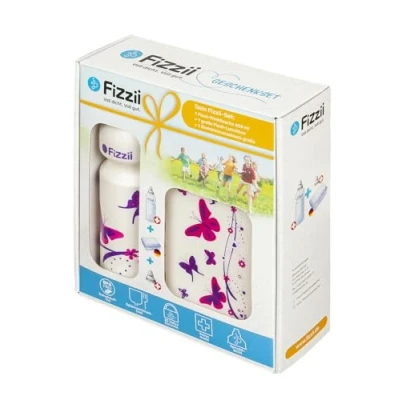 Abbildung von Fizzii Geschenkset Pausenset Schmetterling (Trinkflasche 600ml + Lunchbox Ersatzverschluss, im hochwertigen Geschenkkarton)