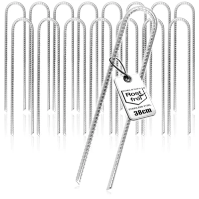 Abbildung von com four® 16x XL Bodenanker aus massivem Stahl, U Form 38 cm, Ø 1 cm verzinkte Erdanker für Zelt, Pavillon, Hüpfburg, Trampolin, auch als Bewehrungsstab den Boden, stabil &amp; rostfrei