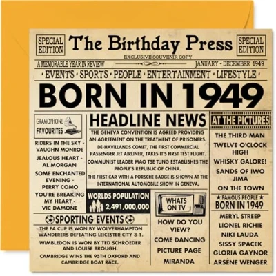 Abbildung von Geburtstagskarte zum 75. Geburtstag für Männer und Frauen Born in 1949 Zeitung Happy 75 Großvater, Oma, Vintage, Retro, Back 1949, 145 mm x mm, Grußkarten
