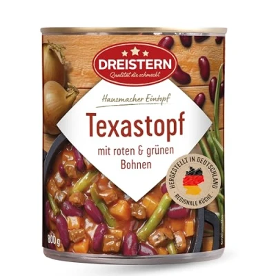 Abbildung von DREISTERN Texastopf mit roten und grünen Bohnen 800 g leckeres Fertiggericht Gemüse in der praktischen recycelbaren Konserve Hausmacher Mahlzeit viel Fleisch