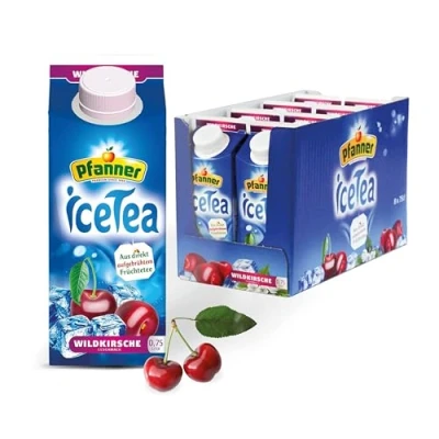 Abbildung von Pfanner Eistee Wildkirsche im Vorratspack Direkt aufgebrühter Früchtetee mit Kirschsaft und Aroniasaft in nachhaltiger to go Verpackung (8 x 750 ml)