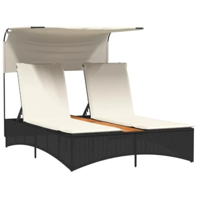 Abbildung von vidaXL Gartenliege Doppel Sonnenliege mit Dach und Auflagen Schwarz Poly Rattan, 1 St.