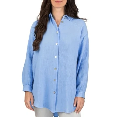 Abbildung von DENIMFY Musseline Bluse Damen Oversized DFMathilda Hemdbluse Sommer Langarm Knopfleiste Einfarbig 100% Baumwolle Blau S M, Größe:S/M, Farben:Middle Blue (59319)
