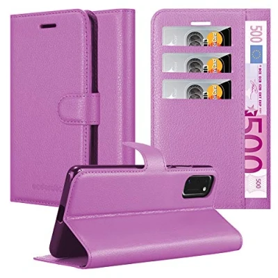 Abbildung von Cadorabo Hülle kompatibel mit Samsung Galaxy A41 Handyhülle aus Premium Kunst Leder Flip Klappbare Stoßfeste Magnetische [Standfunktion] [Kartenfächern] Cover für Tasche in Lila