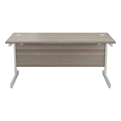 Abbildung von office hippo Strapazierfähiger rechteckiger Büroschreibtisch mit Tragebalken, PC Tisch für Büro oder Heimbüro, integriertem Kabelkanal, weißes Gestell, Top Platte aus Grauer Eiche, 160 cm x 80
