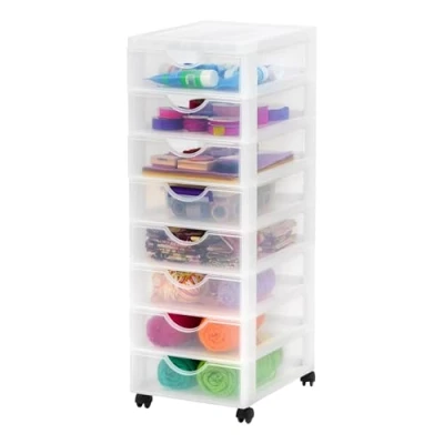 Abbildung von Iris Ohyama Kunststoff Schubladenbox mit Rollen, 8 flachen Schubladen, Mattweiß, Griffe zum Ziehen, Für Schlafzimmer, Schule &amp; Büro, BPA frei, Schubladenschrank, Rollcontainer, A4 Drawer, DDDC 380