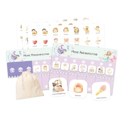 Abbildung von Routine Planer Kinder für Morgenroutine und Abendroutine Tagesplan mit Klett Punkten 105 Symbolkärtchen, Montessori Planer, Routinehilfe zum Umklappen (Meerjungfrau)