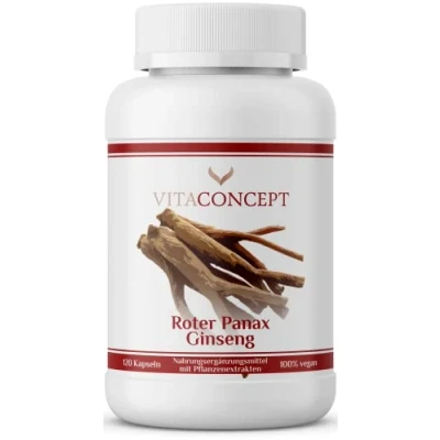 Abbildung von Vitaconcept Roter Panax Ginseng Extrakt 600 mg (20% Ginsenoside) echter koreanischer vegan 120 Kapseln laborgeprüft