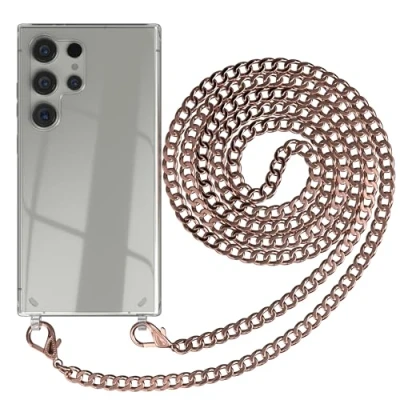 Abbildung von EAZY CASE Handykette kompatibel mit Samsung Galaxy S24 Ultra Handyhülle Metall Umhängeband und Ersatz Kordel schwarz, Handykordel Schutzhülle, Kette Smartphone Hülle, Rosé Gold