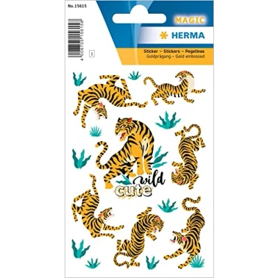 Abbildung von HERMA 15615 Aufkleber Tiger klein groß, 16 Stück, Tiere Sticker mit Goldprägung, Kinder Motiv Etiketten für Fotoalbum Tagebuch Poesiealbum Scrapbooking Geburtstag Dekoration Briefe DIY Basteln
