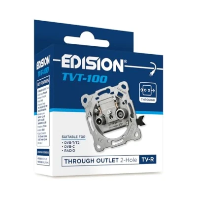 Abbildung von EDISION Antennendose Universal TVT 100, Durchgangsdose TV R unterputz 2 Loch, geeignet für Terrestrisch DVB T/T2, Kabel C, Radio, FM, DAB+, Ausgänge
