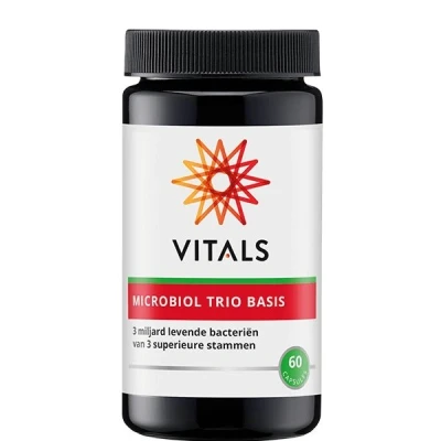 Abbildung von Vitals Microbiol Trio Basis 60 Kapseln. 3 Milliarden lebende Bakterien von hochwertigen Stämmen (Lactobacillus rhamnosus GG). 300 humane studies über Lactobacillus rhamnosus, GG.