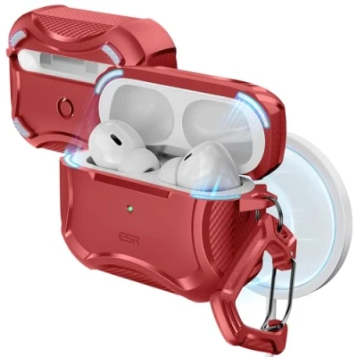 Abbildung von ESR für AirPods Pro 2 Hülle mit HaloLock, Cyber Armor Panzer Kompatibel (2023/2022/2019), MagSafe, starker Sturzschutz, magnetischer Deckel, Rot