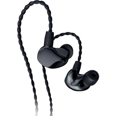 Abbildung von Razer Moray In Ear Monitor für Streaming: Hybrid Dual Driver Akustisches Design Ergonomische flache Form passive Geräuschisolierung Geflochtene Over Kabel maßgeschneiderte Ohrstöpsel und