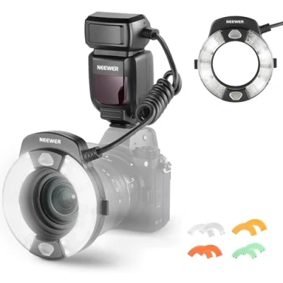 Abbildung von NEEWER RF1 N Makro Blitz Ring Blitzlicht für Nikon Kamera 76W GN15 5600K TTL Beleuchtung 1 1/128 Ausgang Vordere/Hinterevorhang Sync Farbgele Objektiv Adapter Ringe Fotografie Studiofotos