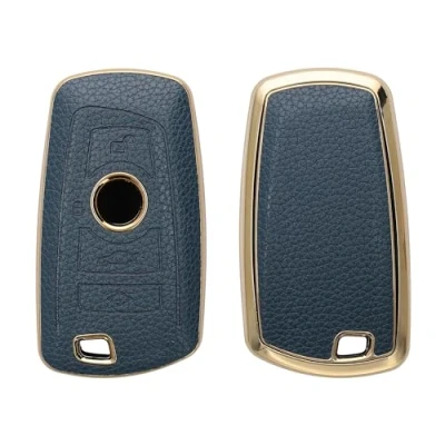 Abbildung von kwmobile Schlüsseltasche Hülle für BMW 3 Tasten Funk Autoschlüssel (nur Keyless Go), Schlüsselhülle aus TPU und Kunstleder Cover Dunkelblau Gold