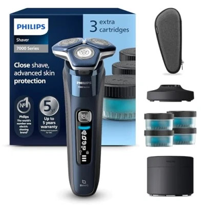 Abbildung von Philips Shaver Series 7000 Elektrischer Nass und Trockenrasierer für Herren mit ausklappbarem Trimmer, Reinigungsstation, 4 x Reinigungskartuschen, Ladestation &amp; Reiseetui (Modell S7885/63)