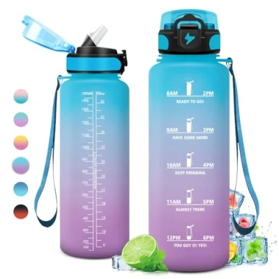 Abbildung von Trinkflasche 1.5 Liter, Große Sport mit Strohhalm, Wasserflasche Auslaufsicher, Kohlensäure Geeignet, Zeitmarkierungen, flasche für Erwachsener