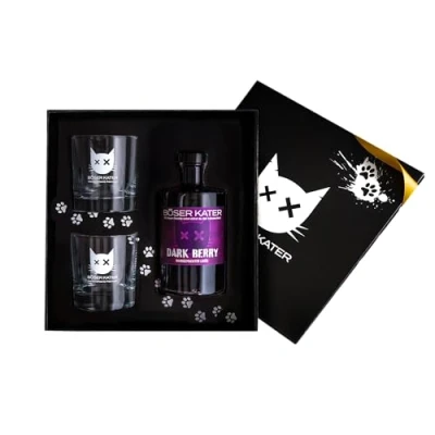 Abbildung von Böser Kater Dark Berry Likör Geschenkset mit 2 Gläsern fruchtiger Beerenlikör Brombeere &amp; Blaubeere pur, in Cocktails oder als Spritz Aperitif Besondere Geschenkidee 0,5l 20% Vol.