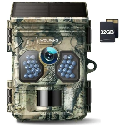 Abbildung von WOLFANG Wildkamera 4K, Solar 48MP Wildtierkamera mit 32G Speicherkarte &amp; Kartenleser, Bewegungssensor, Nachtsicht, 2500 mA Eingebauter Akku, 0.1s Auslösezeit, IP66 Wasserdicht für Wildlife Monitoring