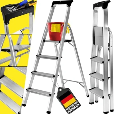 Abbildung von 𝐂𝐑𝐀𝐅𝐓𝐅𝐔𝐋𝐋 Alu Stehleiter CF 133B 𝟑 𝐉𝐀𝐇𝐑𝐄 𝐆𝐀𝐑𝐀𝐍𝐓𝐈𝐄 Klappleiter mit Ablage Haushaltsleiter Aluleiter 150 Kg Leiter Trittleiter klappbar 3 6 Stufen (4 Stufen)