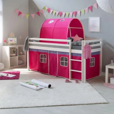 Abbildung von Homestyle4u Hochbett 90x200 cm Kinderbett Weiß Kiefer Spielbett mit Vorhang Pink Lattenrost und Tunnel